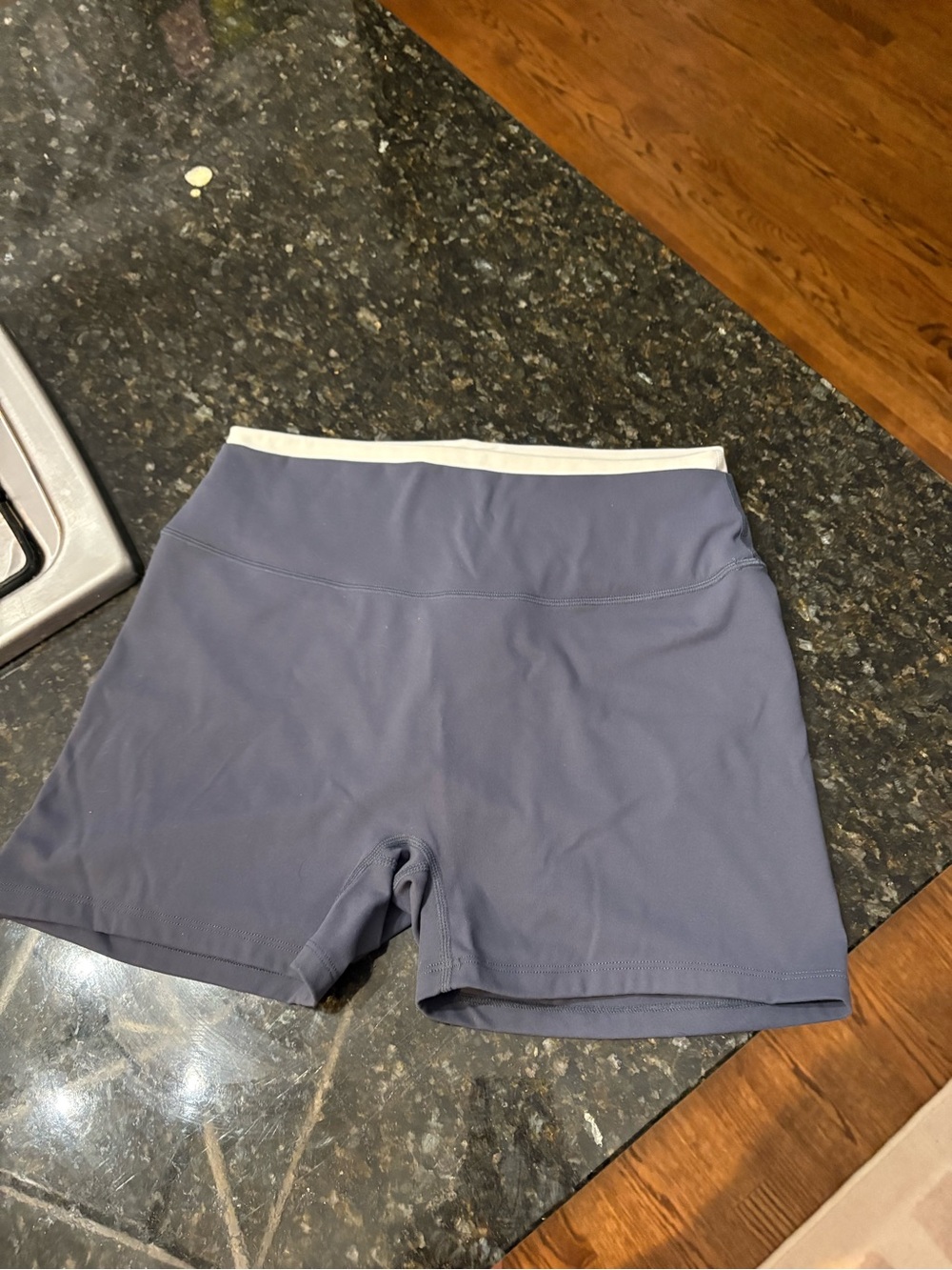 Women’s High-Waist Bike Shorts in Slate Blue with White Waistband